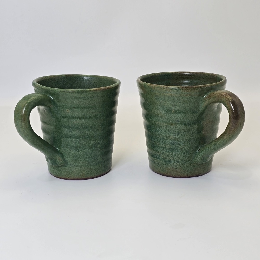 Rackliffe Pottery Blue Hill Maine Green Studio Pottery Mug Pair Signed - Picture 4 of 13